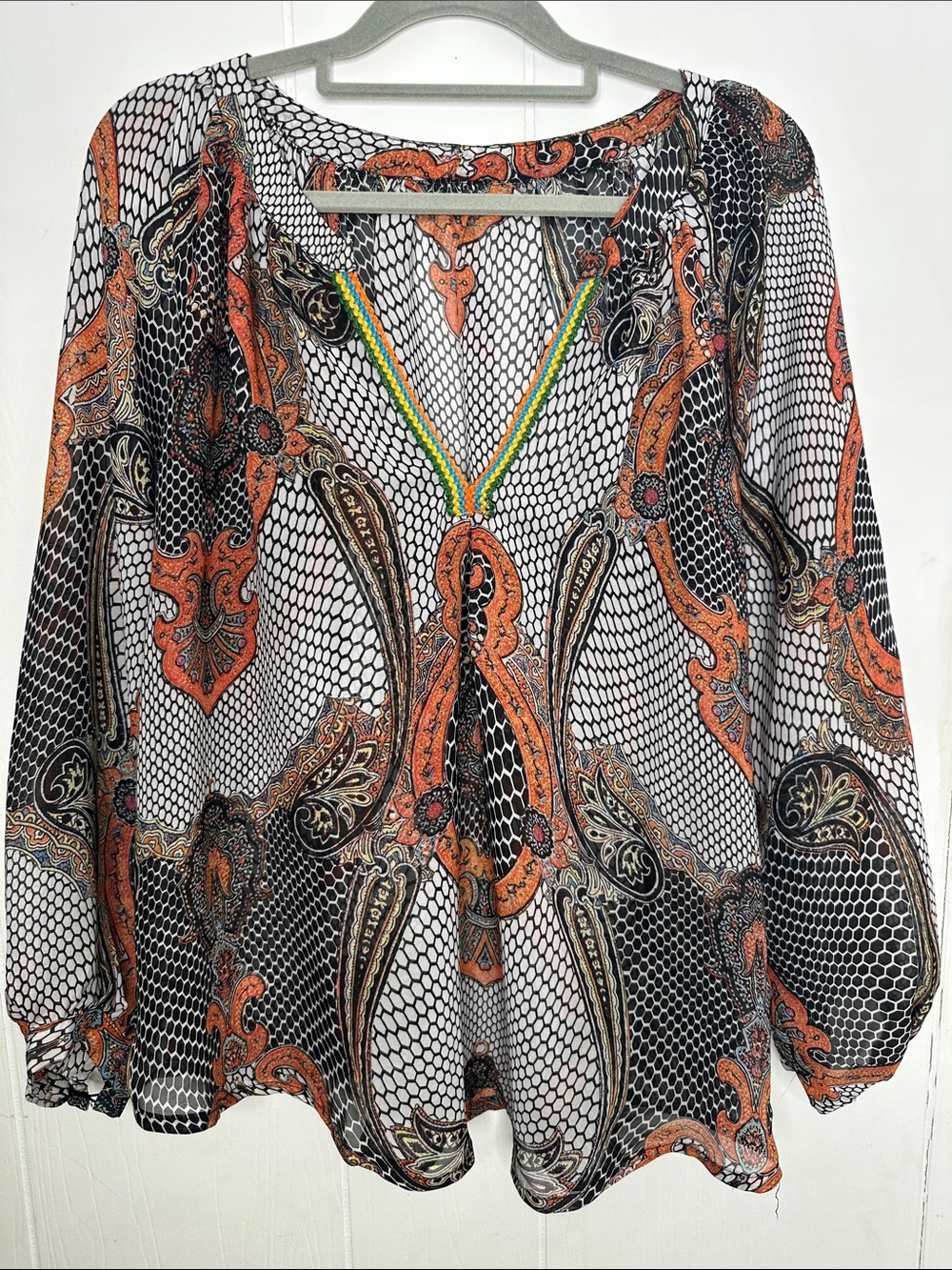 Sheer Paisley V-Neck Blouse in Orange and Black